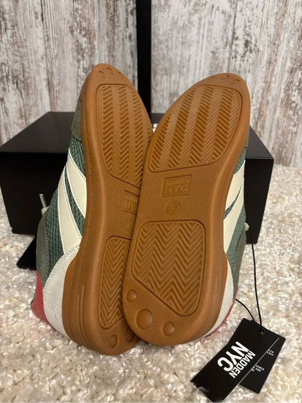 Women's Green Retro Sneaker with Cream Stripes and Gum Sole